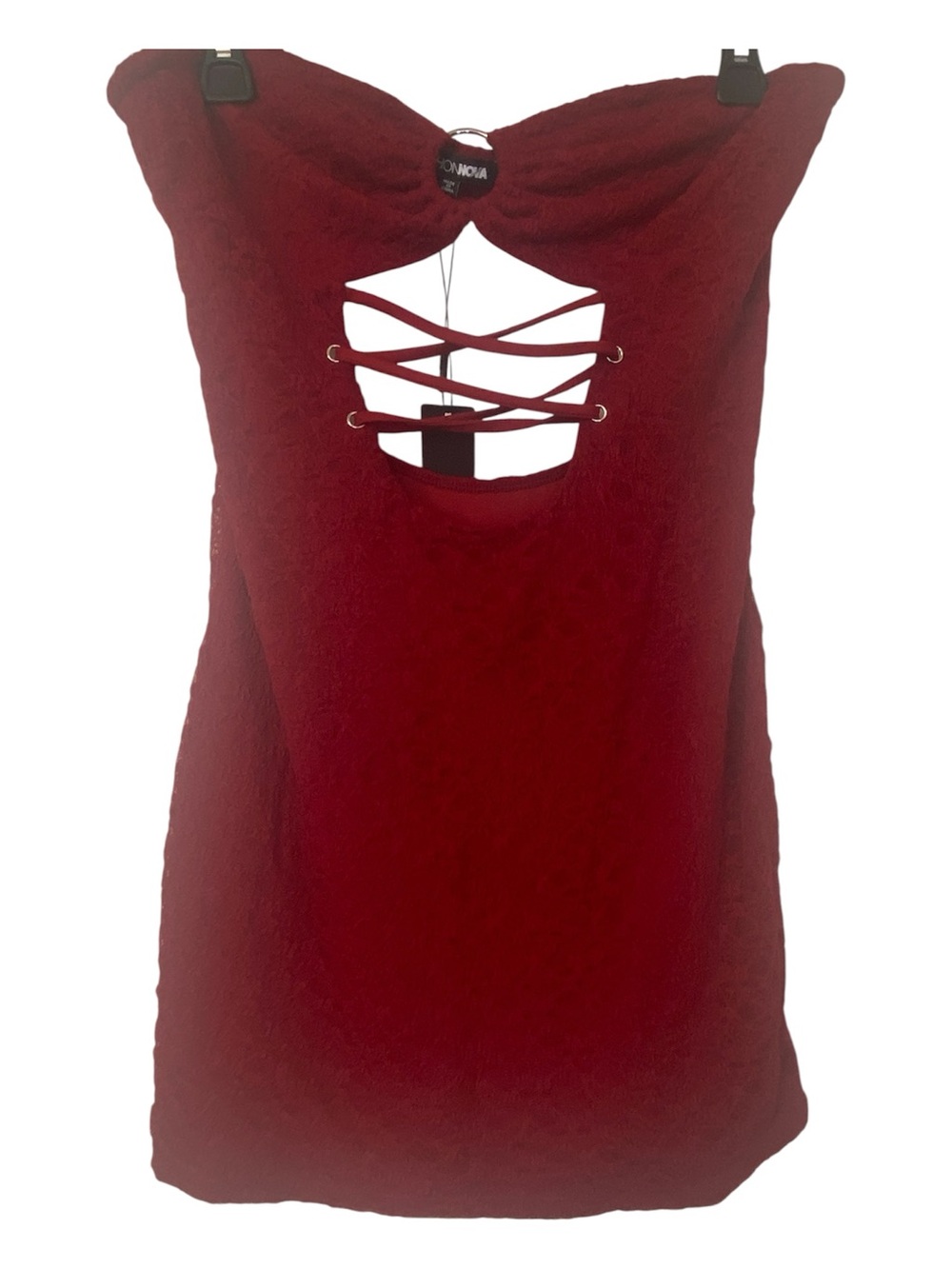 Fashion Nova Strapless Lace-Up Burgundy cutout micro mini lace dress size large